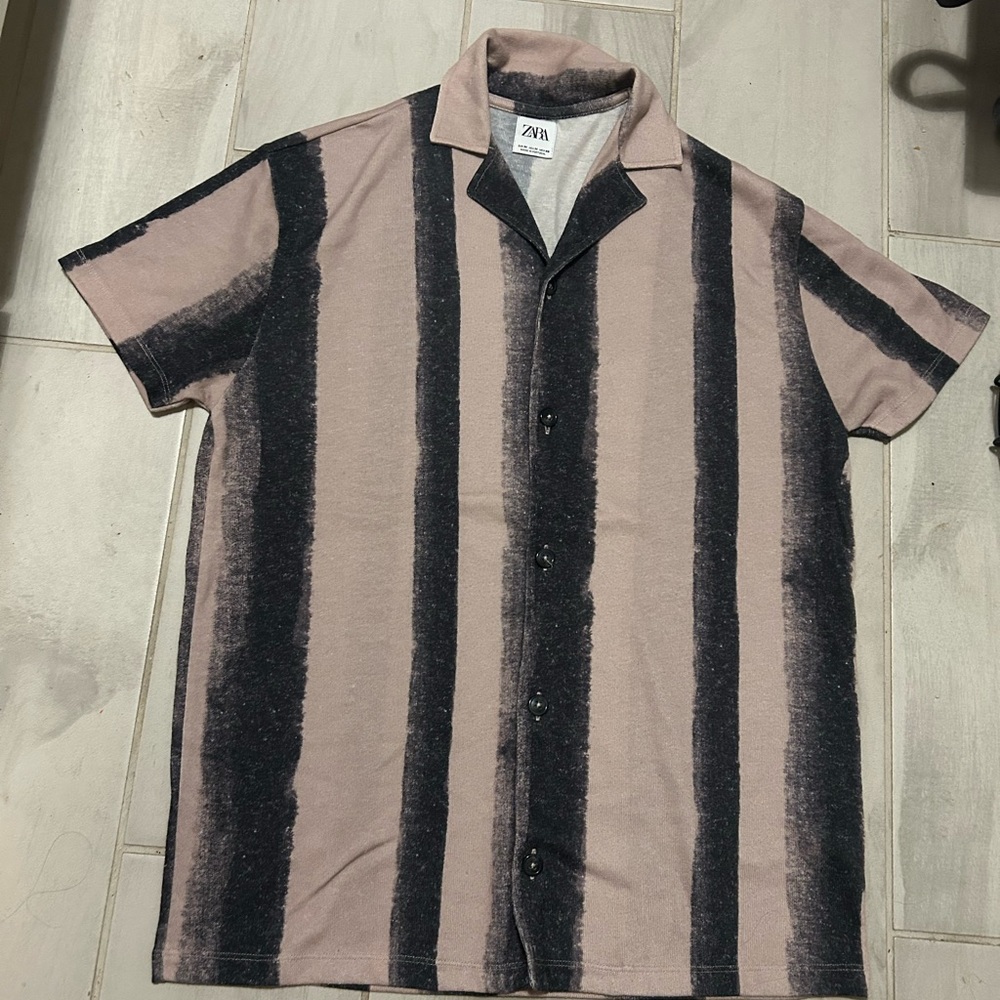 Zara Men's Casual Button Down Shirt - Black and Pink Stripes